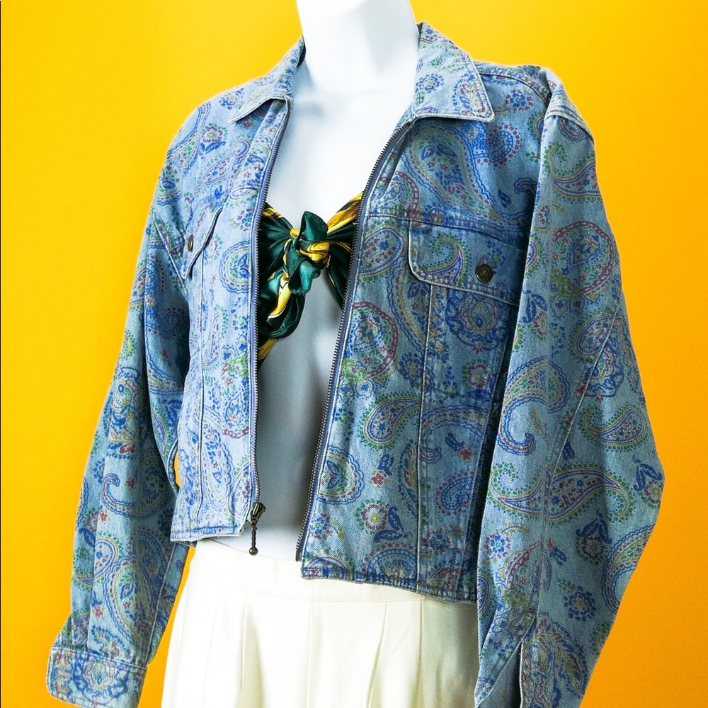 Blue Short Denim Jean Jacket Colorful Paisley